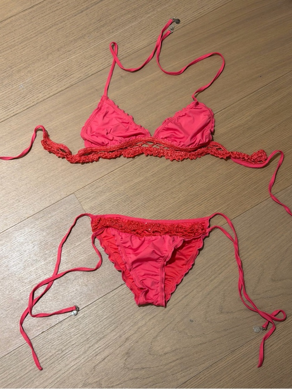 Dark Pink Crochet-Trim Bikini Set
